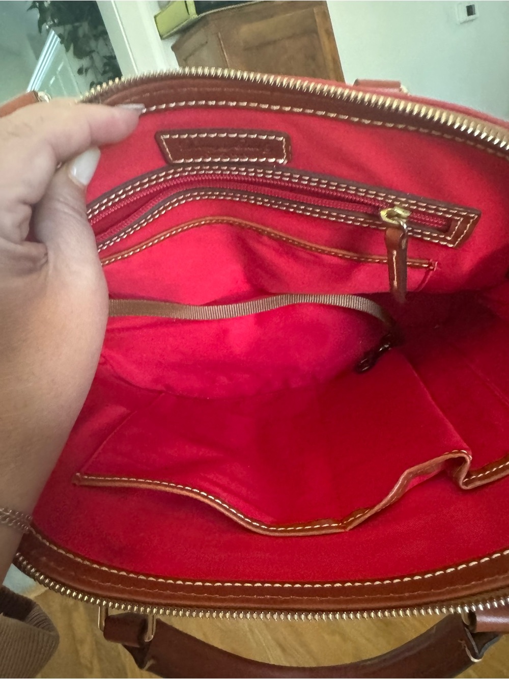 Dooney & Burke Red Dome Satchel Handbag with Tan Trim - Picture 11 of 14